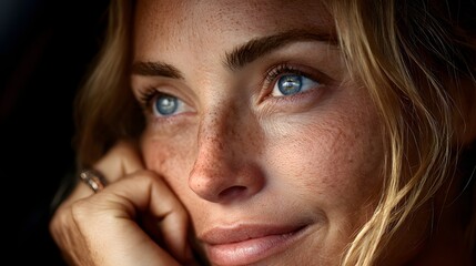 A pretty young woman with freckles contemplates the future with a dreamy look and a serene smile outside.