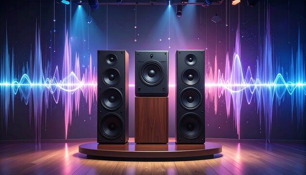 Studio setup with modern speakers, holographic sound waves radiating in rhythm