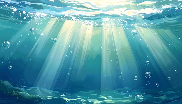 Underwater ambient sound visualization with soft bubbles and light beams creating harmony