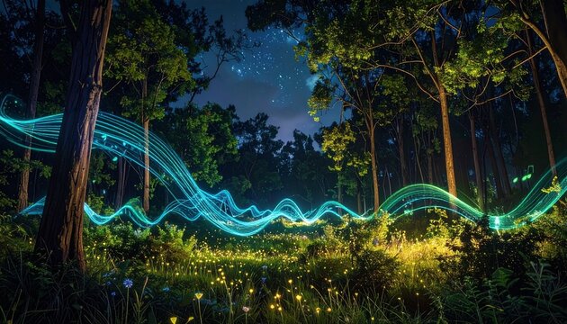 Night scene with glowing trails representing ambient music flowing through a forest or field