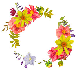 Floral autumn wreath with bright dahlias and autumn leaves. Hand drawn watercolor illustration.