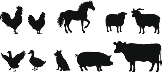 Farm animal silhouettes collection, livestock vector illustration with cow, horse, sheep, pig, dog, rooster, duck, goat, black shapes design
