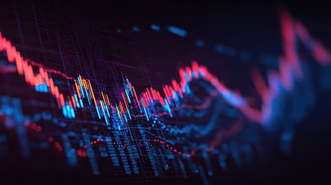 Stock market financial data visualization with candlestick chart graph display, trading analysis forex cryptocurrency investment business finance technology and digital trading photography concept
