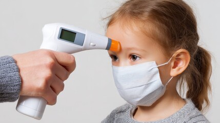 Healthcare screening child with mask using non-contact thermometer temperature check - fever detection, covid safety, pediatric care, illness prevention, medical protocol, pandemic precaution, health 