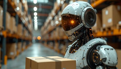 An advanced humanoid robot meticulously sorts packages in a vast, modern warehouse, representing the future of automated logistics and supply chain efficiency