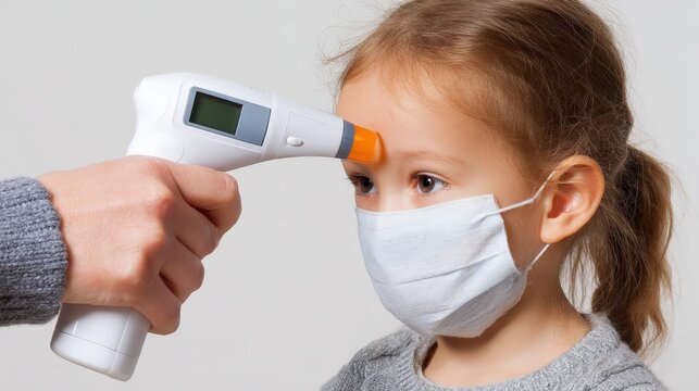 Healthcare screening child with mask using non-contact thermometer temperature check - fever detection, covid safety, pediatric care, illness prevention, medical protocol, pandemic precaution, health 