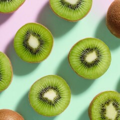 Fototapeta premium A vibrant composition of meticulously sliced kiwi fruit, their refreshing green interior juxtaposed against a pastel backdrop, offering a tantalizing visual treat.