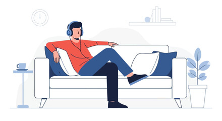 Man wearing headphones sitting on couch listening to music