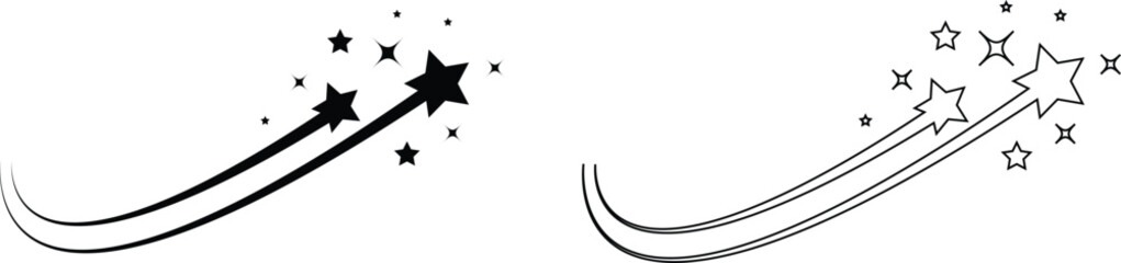 Shooting star icon set with black, outline falling stars, celestial night sky sparkle and comet trail symbols, vector collection for magic, fantasy, astrology and decoration design