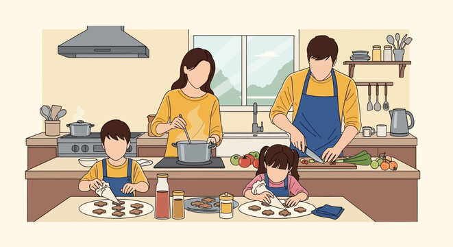 Family in kitchen, parents and two children happily baking cookies together, creating warm and loving domestic scene