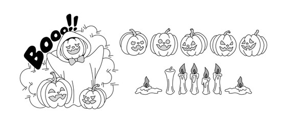 Halloween Pumpkins and Ghosts Monochrome Vector Illustration Set 1