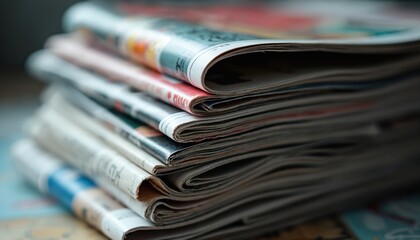 Stack of folded newspapers with visible headlines and print. Informative papers lay piled, offering news and articles for reading. Old media tradition.