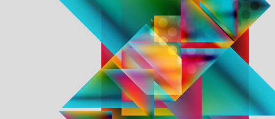 Abstract geometric composition. Vibrant colors intersect, creating dynamic shapes. Overlapping layers suggest depth, texture, modern design.