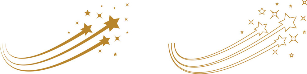Shooting star icon set with gold, outline falling stars, celestial night sky sparkle and comet trail symbols, vector collection for magic, fantasy, astrology and decoration design