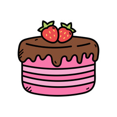 Pink Striped Layered Cake with Chocolate Drizzle and Strawberry Topping Dessert Illustration Isolated on Transparent Background