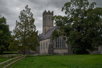 The Adare Friary, Ireland, a historical stone building with a prominent tower and large pointed-arch windows, surrounded by lush green grass and trees under an overcast sky