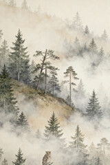 Misty Forest Watercolor, Serene Pine Landscape Wallpaper