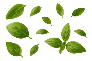 Obraz premium Basil leaves falling, creating a fresh, aromatic culinary ingredient. Perfect for healthy food and italian cooking concepts