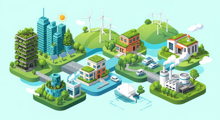 Fototapeta premium Sustainable city showcases eco-friendly architecture, renewable energy, and green living for a cleaner future, promoting innovation and environmental responsibility