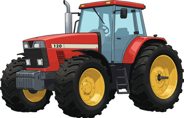 Red modern agricultural tractor illustration with large black tires, heavy farm vehicle for plowing, harvesting, and fieldwork equipment machinery