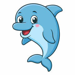 Naklejka premium This cheerful cartoon dolphin illustration features a bright blue dolphin with a friendly smile and expressive eyes.