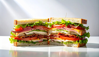 Classic club sandwich halves on white background, clean overhead office lunch presentation	