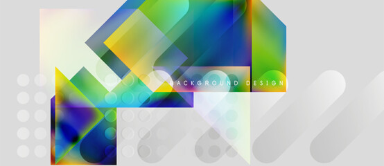 Abstract geometric shapes, vibrant colors, modern design. Gradient overlays create dynamic visual effect. Minimalist background enhances composition.