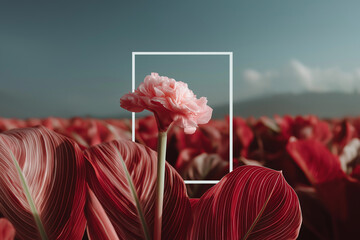 A soft pink flower blooms in focus within a white frame above a vibrant field of red-veined leaves. Conceptual floral art with dreamy tones and modern framing.