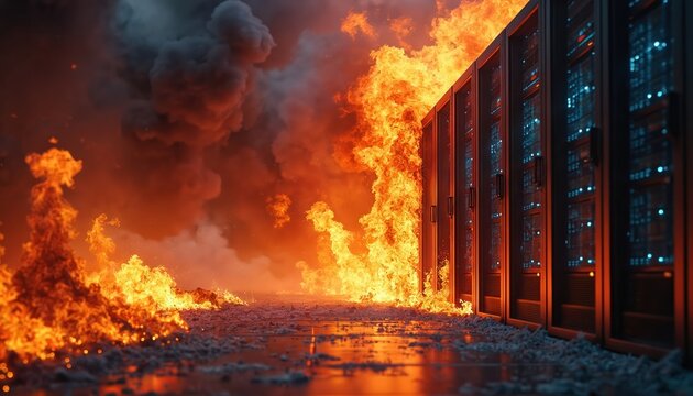 Data center ablaze with intense flames engulfing servers. Black smoke rises above, creating danger, system failure scene. Emergency response needed due to tech disaster, infrastructure damage, data
