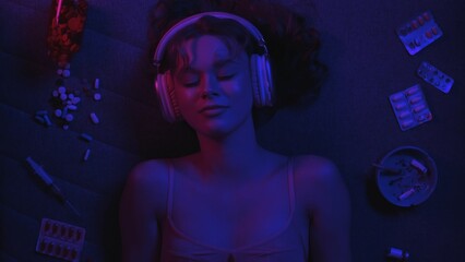 Vicious woman with drugs, cigarettes and pills