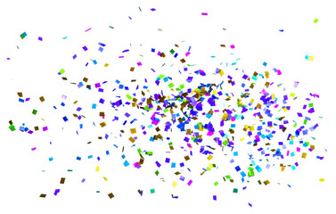 A vibrant explosion of multi-colored confetti pieces scattered across a plain white background, creating a festive and celebratory scene.