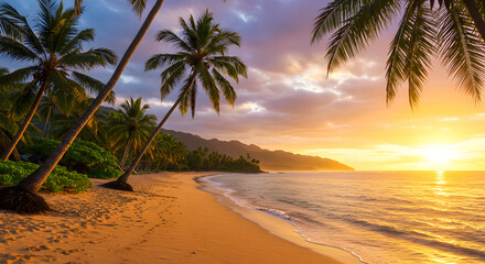 Tropical Sunset Beach Paradise with Palm Trees
