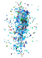 A vertical cascade of colorful confetti in shades of blue, green, and red against a white background.
