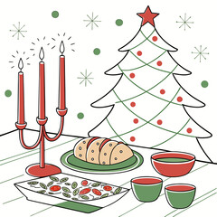 Vector art of festive christmas dinner illustration featuring a decorated tree, candles, and food, perfect for holidaythemed designs and greeting cards