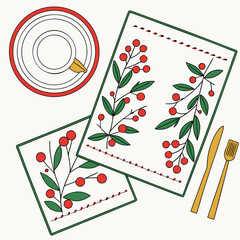 Vector art of overhead shot of a festive christmas table setting with placemats adorned with holly berry designs, a plate with a cup, and golden cutlery perfect for holiday designs