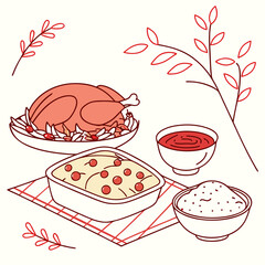 Vector art of festive christmas dinner illustration featuring a turkey, casserole, and cranberry sauce perfect for holiday designs and culinary themes