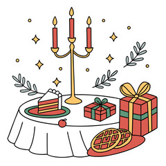 Vector art of festive christmas table with cake, waffles, gift boxes, and a candelabra, creating a cozy and inviting atmosphere perfect for holiday celebrations