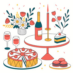 Vector art of a delightful vector illustration showcasing a festive celebration with wine glasses, a bottle, cake, macarons, and flowers, perfect for invitations or designs
