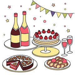 Vector art of festive party table with cake, champagne, and decorations, creating a celebratory atmosphere perfect for special occasions and gatherings
