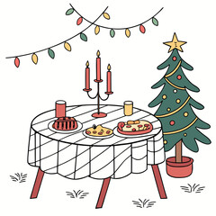 Vector art of festive christmas table with cake, lights, tree, and candelabra, creating a cozy and inviting atmosphere perfect for holiday celebrations