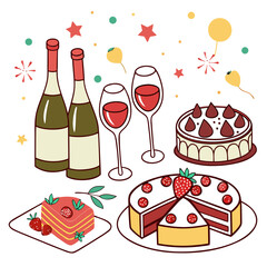 Vector art of a charming vector illustration featuring wine bottles, glasses, and cakes adorned with strawberries, perfect for celebrations, invitations, or foodrelated designs