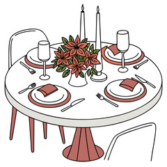 Vector art of festive christmas dinner table arrangement featuring floral centerpiece, candles, and elegant place settings creating a warm and inviting atmosphere for holiday gatherings