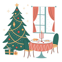 Vector art of festive christmas dinner scene featuring a decorated christmas tree with gifts, a table set for a holiday meal, and a window with curtains creating a cozy atmosphere