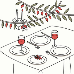 Vector art of elegant christmas dinner table setting featuring wine glasses, plates, and festive decorations creating a sophisticated and celebratory atmosphere for the holiday season