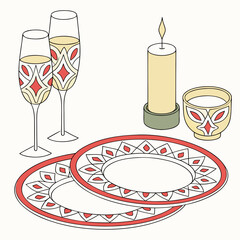 Vector art of elegant table setting with champagne flutes, candle, bowl, and decorative plates, perfect for special occasions and festive celebrations with a touch of sophistication