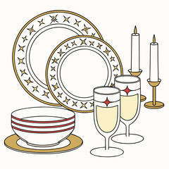 Vector art of festive table setting with plates, bowl, champagne flutes, and candles, creating a celebratory atmosphere, perfect for holiday gatherings and special occasions