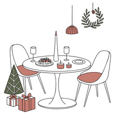 Vector art of festive christmas dinner table featuring a round table with chairs, presents, cake, candles, and a wreath, creating a cozy and inviting holiday scene