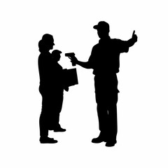 Delivery worker scanning package silhouette isolated on white background