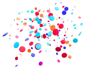 A vibrant explosion of colorful confetti in various shades of red, blue, pink, and orange against a clean white background.