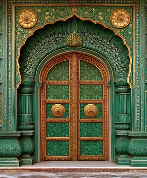 Emerald Archway, Majestic Gold and Green Door with Intricate Indian Carvings